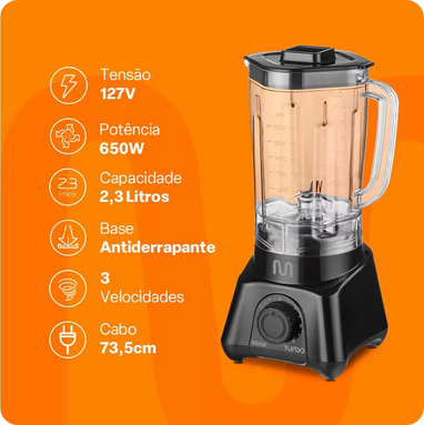 Liquidificador Turbo Preto - LQ651 2,3L 3 Velocidades 650W 127V Multi Home