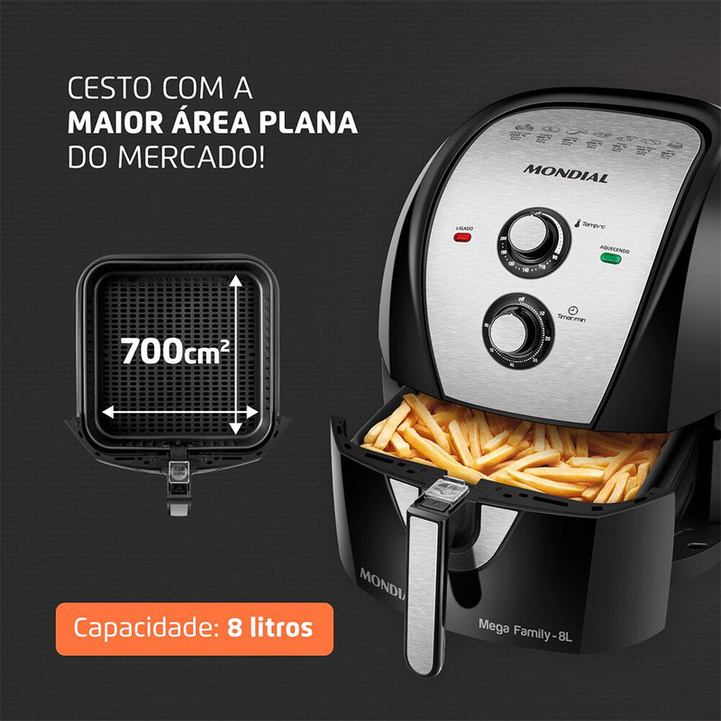 Fritadeira Elétrica Sem Óleo Air Fryer Mondial Mega Family AFN-80-BI 8L – Preta/Inox